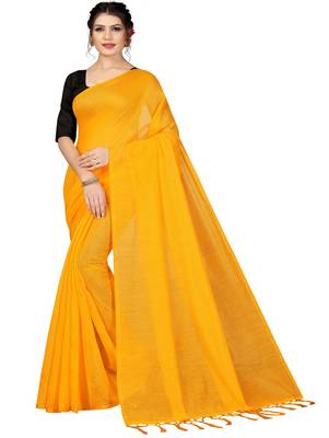 Yellow plain chanderi silk saree with blouse 1