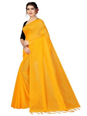 Yellow plain chanderi silk saree with blouse 2