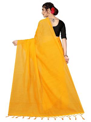 Yellow plain chanderi silk saree with blouse 3