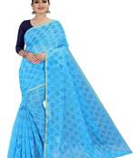 Turquoise printed chanderi silk saree with blouse