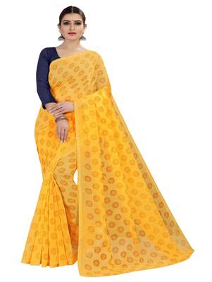 Yellow printed chanderi silk saree with blouse 1