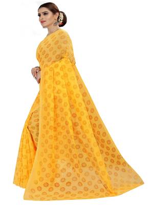 Yellow printed chanderi silk saree with blouse 2