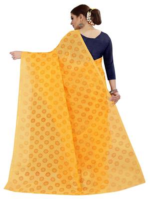 Yellow printed chanderi silk saree with blouse 3