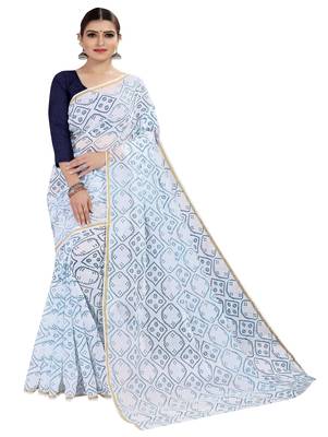 White printed chanderi silk saree with blouse 1
