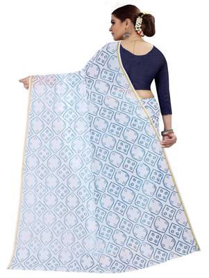 White printed chanderi silk saree with blouse 3