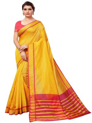Mustard plain cotton silk saree with blouse 1