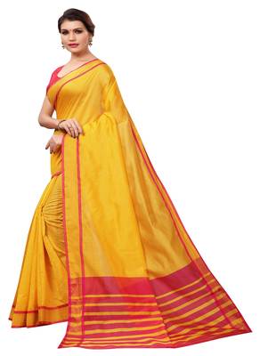 Mustard plain cotton silk saree with blouse 2