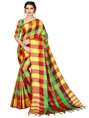 Multicolor plain cotton silk saree with blouse 1