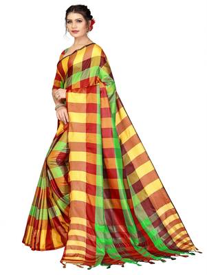 Multicolor plain cotton silk saree with blouse 2