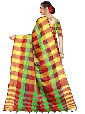 Multicolor plain cotton silk saree with blouse 3