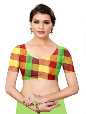Multicolor plain cotton silk saree with blouse 4