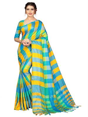 Multicolor plain cotton silk saree with blouse 1