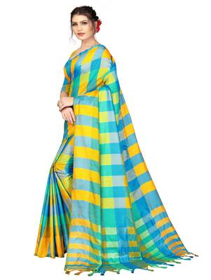 Multicolor plain cotton silk saree with blouse 2