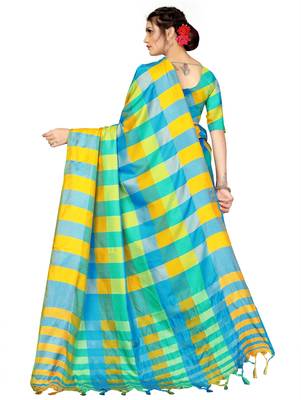 Multicolor plain cotton silk saree with blouse 3
