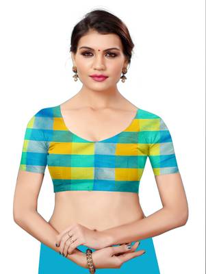 Multicolor plain cotton silk saree with blouse 4