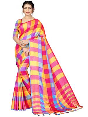 Multicolor plain cotton silk saree with blouse 1