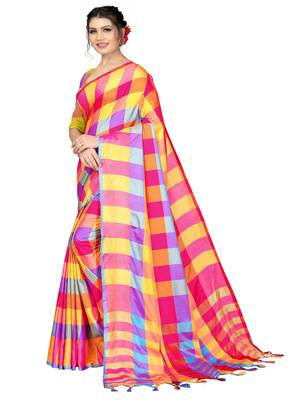 Multicolor plain cotton silk saree with blouse 2