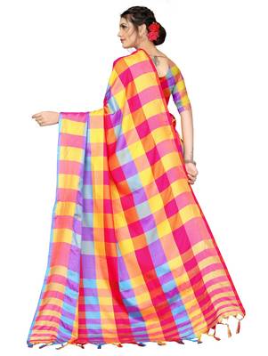 Multicolor plain cotton silk saree with blouse 3