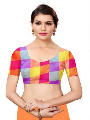 Multicolor plain cotton silk saree with blouse 4