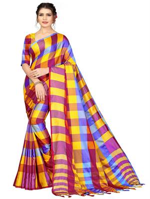 Multicolor plain cotton silk saree with blouse 1