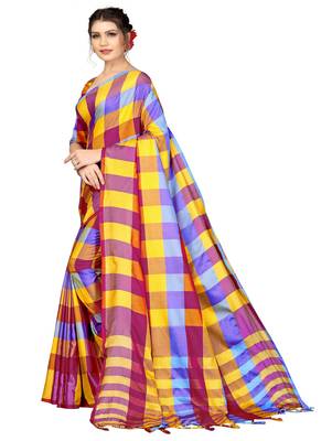 Multicolor plain cotton silk saree with blouse 2