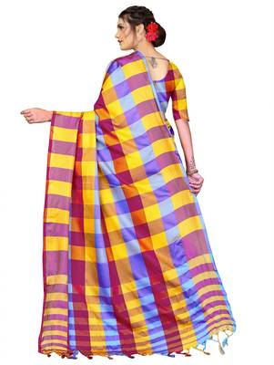 Multicolor plain cotton silk saree with blouse 3