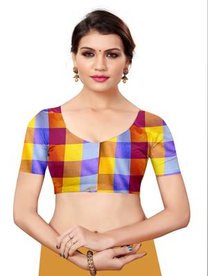 Multicolor plain cotton silk saree with blouse 4