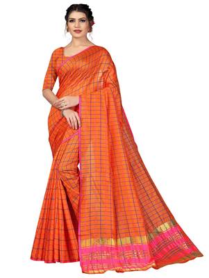 Orange plain cotton silk saree with blouse 1