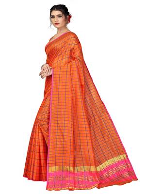 Orange plain cotton silk saree with blouse 2