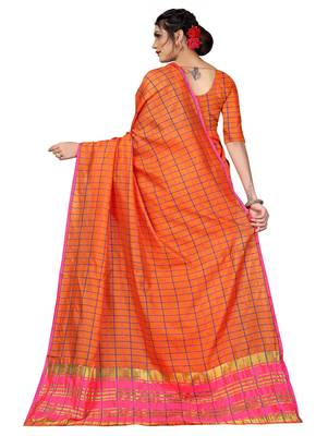 Orange plain cotton silk saree with blouse 3