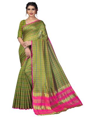 Mehendi plain cotton silk saree with blouse 1