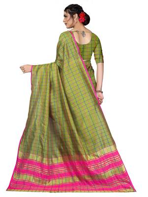 Mehendi plain cotton silk saree with blouse 3