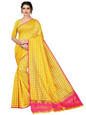 Yellow plain cotton silk saree with blouse 1