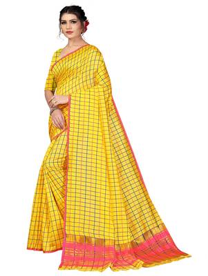 Yellow plain cotton silk saree with blouse 2