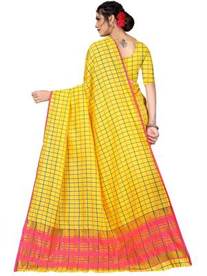 Yellow plain cotton silk saree with blouse 3