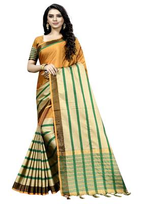Mustard plain cotton silk saree with blouse 1