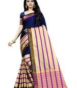 Navy blue plain cotton silk saree with blouse