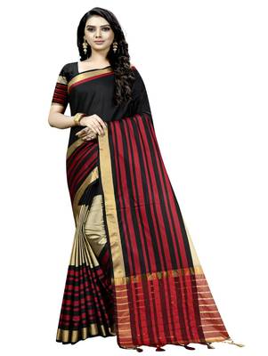 Black plain cotton silk saree with blouse 1