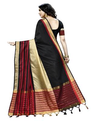 Black plain cotton silk saree with blouse 3