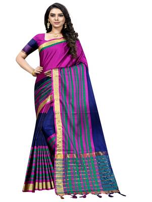 Rani pink plain cotton silk saree with blouse 1