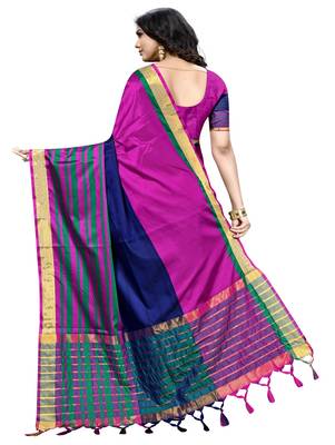 Rani pink plain cotton silk saree with blouse 3