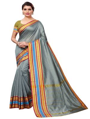 Grey plain cotton silk saree with blouse 1