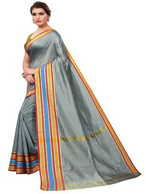 Grey plain cotton silk saree with blouse 2