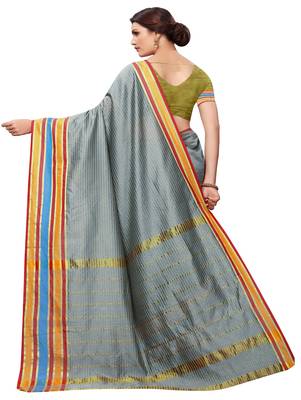 Grey plain cotton silk saree with blouse 3