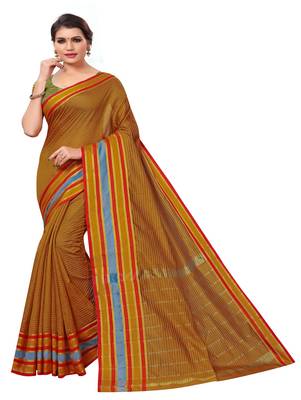 Mustard plain cotton silk saree with blouse 1
