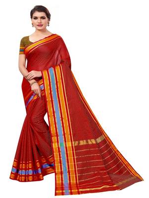 Dark red plain cotton silk saree with blouse 1