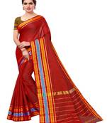 Dark red plain cotton silk saree with blouse