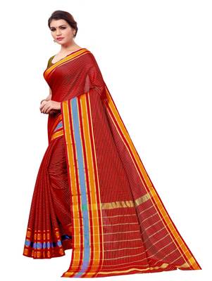 Dark red plain cotton silk saree with blouse 2