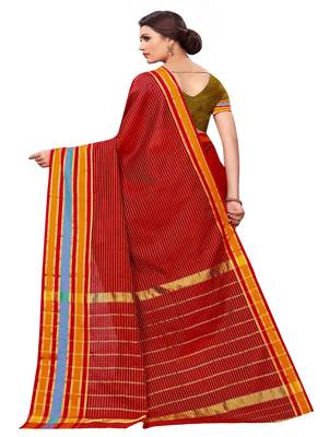 Dark red plain cotton silk saree with blouse 3