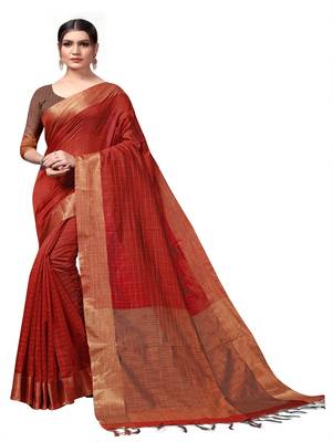 Dark red plain cotton silk saree with blouse 1